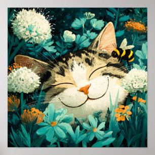Poster Jardin de fleurs de chat endormi aquarelle abeille