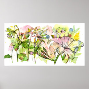 Poster Jardin de fleurs d'hémérocalle rose - Encre et aqu
