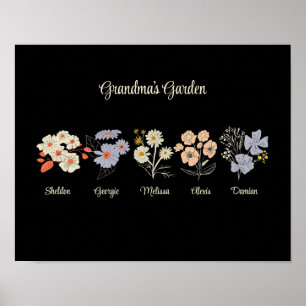 Poster Jardin de grand-mère Fleur personnalisé 5 noms Flo