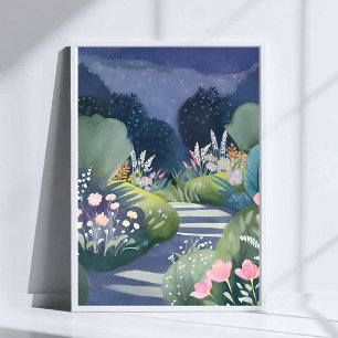 Poster Jardin de Minuit Chemin Floral à l'Aquarelle