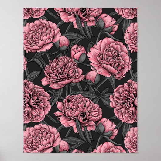 Poster Jardin de pivoine nocturne rose et gris (Devant)