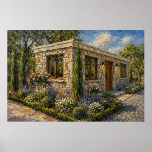 Poster Jardin de roses et de lavande de Stone Cottage, pe