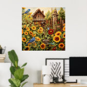 Poster Jardin de tournesol 4 Maisons d'oiseaux Oiseaux bl (Bureau à domicile)