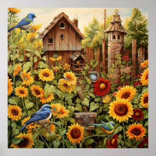 Poster Jardin de tournesol 4 Maisons d'oiseaux Oiseaux bl