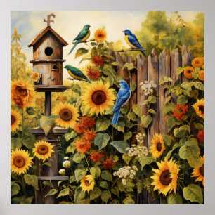 Poster Jardin de tournesol 5 Maisons d'oiseaux Oiseaux bl
