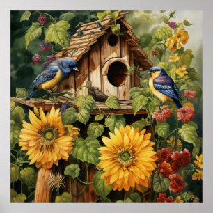 Poster Jardin de tournesol 6 Maisons d'oiseaux Oiseaux bl