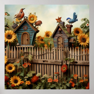 Poster Jardin de tournesol 7 Maisons d'oiseaux Oiseaux bl