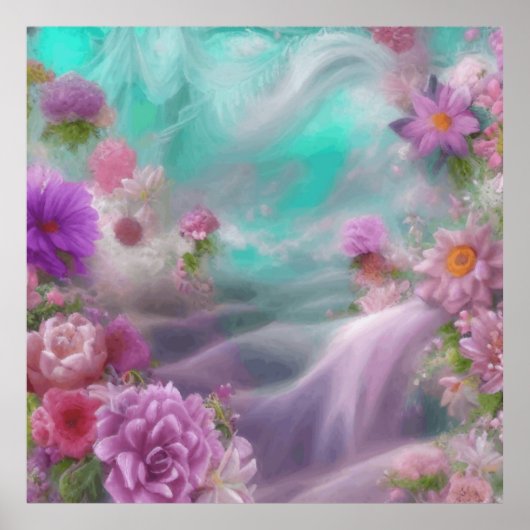 Poster Jardin D'Imaginaire Avec Fleurs Et Cascade Rose (Devant)