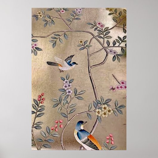 Poster Jardin d'or métallique Chinoiserie avec oiseaux ch (Devant)