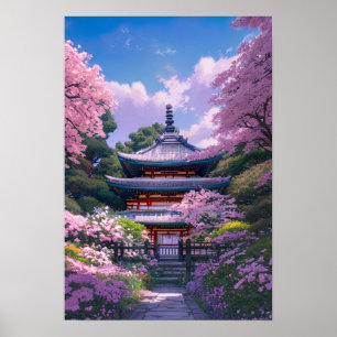 Poster Jardin en fleurs de cerisier et temple en bois