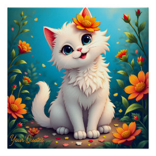 Poster Jardin Fantaisiste du Chat Blanc