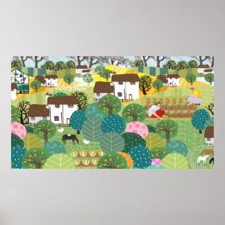 Poster Jardin, ferme, nature et campagne. illu vintage
