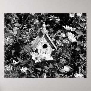 Poster Jardin Fleur Maison Oiseau Noir Et Blanc