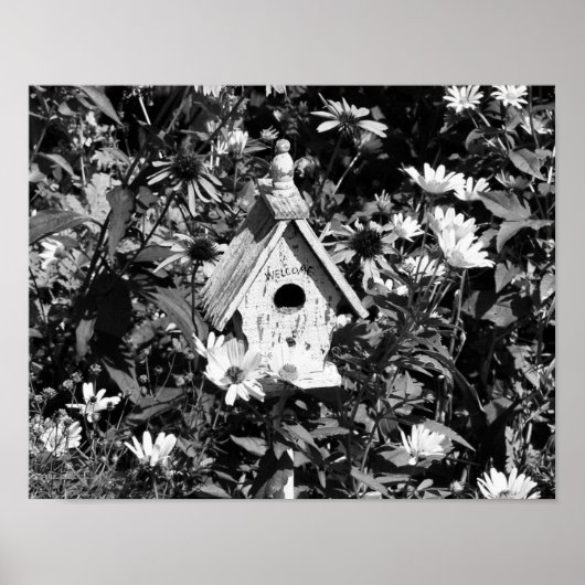 Poster Jardin Fleur Maison Oiseau Noir Et Blanc (Devant)