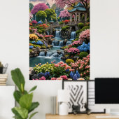 Poster Jardin fleuri coloré avec cascades (Bureau à domicile)