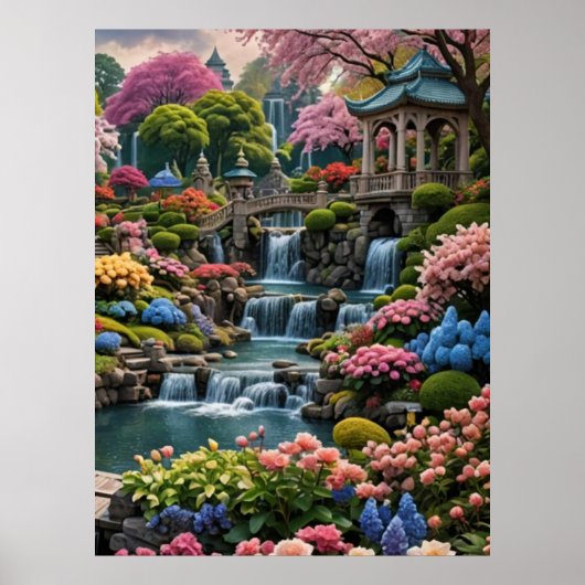 Poster Jardin fleuri coloré avec cascades (Devant)