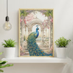 Poster Jardin floral de style indien vintage<br><div class="desc">Elégant aquarelle art avec beau paon avec arcades indiennes dans l'arrière - plan avec fleurs roses.</div>