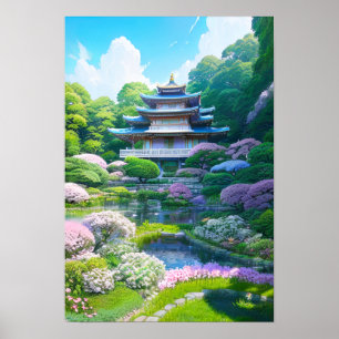 Poster Jardin japonais avec Temple