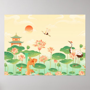 Poster Jardin japonais de Koi Pond and Waterlilies Art