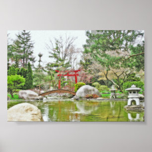 POSTER JARDIN JAPONAIS ET PORTE ROUGE TORII