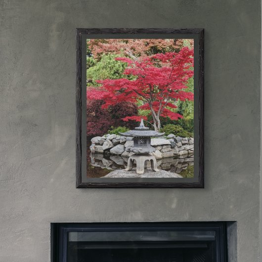 Poster Jardin japonais Lanterne et Feuilles rouges brilla