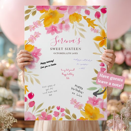 Poster Jardin jaune rose fleuri Sweet 16 Panneau de signa