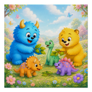 Poster Jardin magique de dinosaures avec des amis monstre