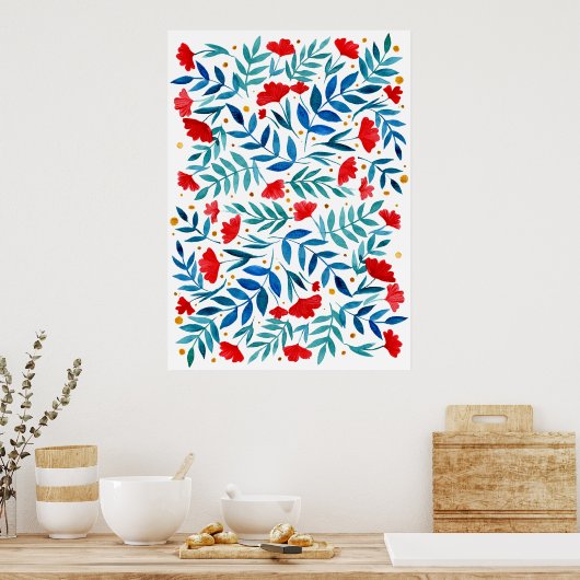 Poster Jardin magique - rouge et turquoise (Cuisine)