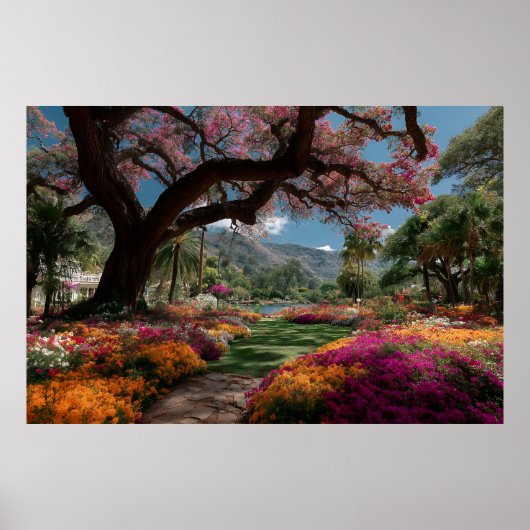 Poster Jardin paradisiaque avec vue sur un arbre en fleur (Devant)