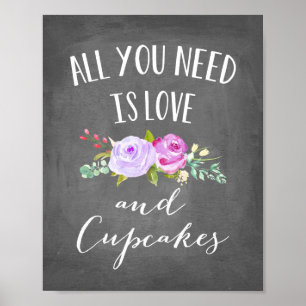 Poster Jardin rose Floral Amour et Cupcakes Chalkboard