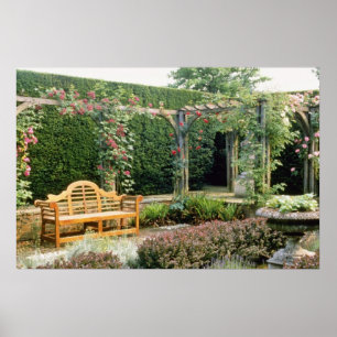 Poster Jardin Seat rose dans la pergola rose, avec le
