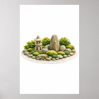 Poster Jardin Zen Japonais avec Lanterne en Pierre et Roc