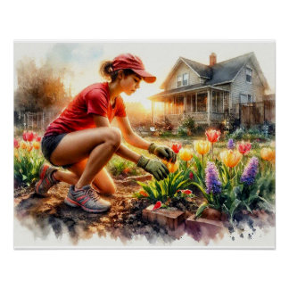 Poster Jardinier entretenant des parterres de fleurs,