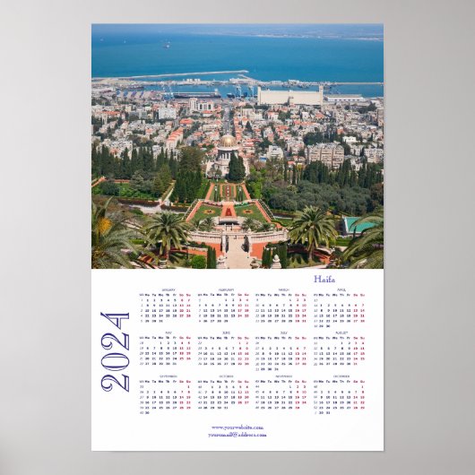 Poster Jardins Bahá'í, Haïfa, Calendrier Israël 2024 Post (Devant)