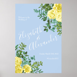 Poster Jaune clair et bleu pâle Rose Mariage floral