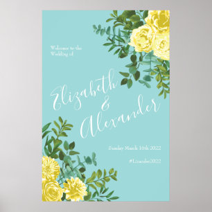 Poster Jaune clair et Turquoise Aqua Rose Mariage Floral