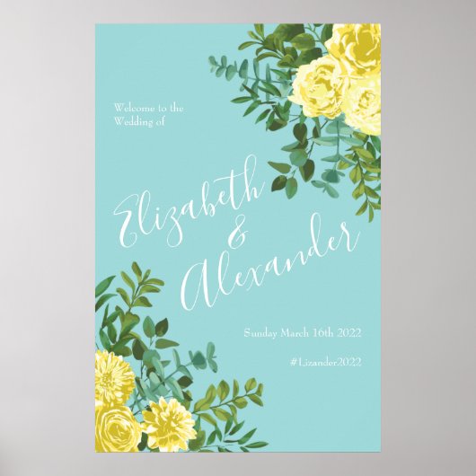 Poster Jaune clair et Turquoise Aqua Rose Mariage Floral (Devant)