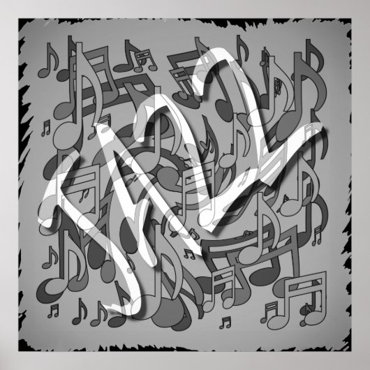 Poster Jazz Music Motif Dancing Swirling Notes BW (Devant)