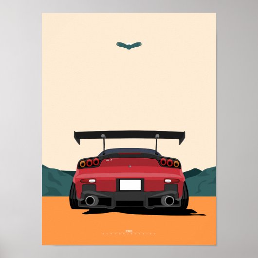 Poster JDM Red RX-7 Rear View Racing Car Illustration Art (Devant)