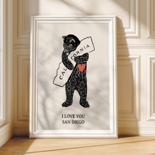 Poster Je t'aime Californie Ours Étreignant Carte Ville P