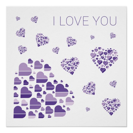 Poster Je t'aime. Coeurs simples violets. (Devant)