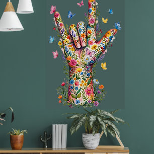 Poster Je t'aime Langue des Signes Floraux Papillons 