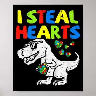 Poster Je vole Coeurs Trex Dinosaur Enfants Garçons Autis