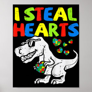 Poster Je vole Coeurs Trex Dinosaur Enfants Garçons Autis