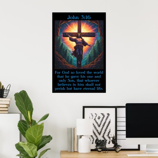 Poster Jean 3:16 avec Jésus sur la croix (Bureau à domicile)