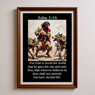 Poster Jean 3:16 Bon Pasteur Protège l'Agneau des Loups