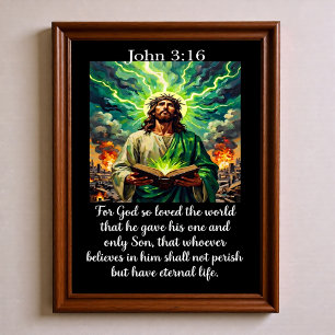Poster Jean 3:16 Jésus Bible Sainte Brillante Ville en Fe
