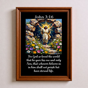 Poster Jean 3:16 Jésus ressuscité Tombeau vide Fleurs sau