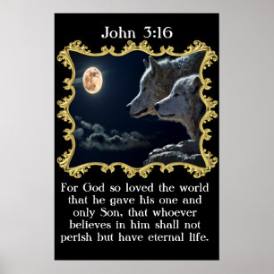 Poster Jean 3:16 Loups regardant la pleine lune.
