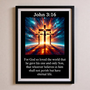 Poster Jean 3:16 Trois Croix Nébuleuse Cosmique Crucifixi